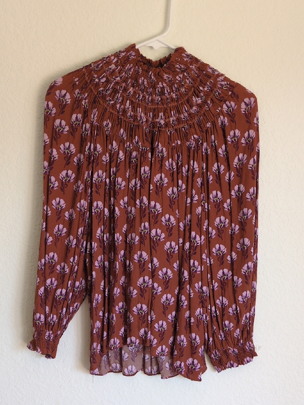 Zara Rust Floral Smocked High-Neck Blouse with Pink Blossoms